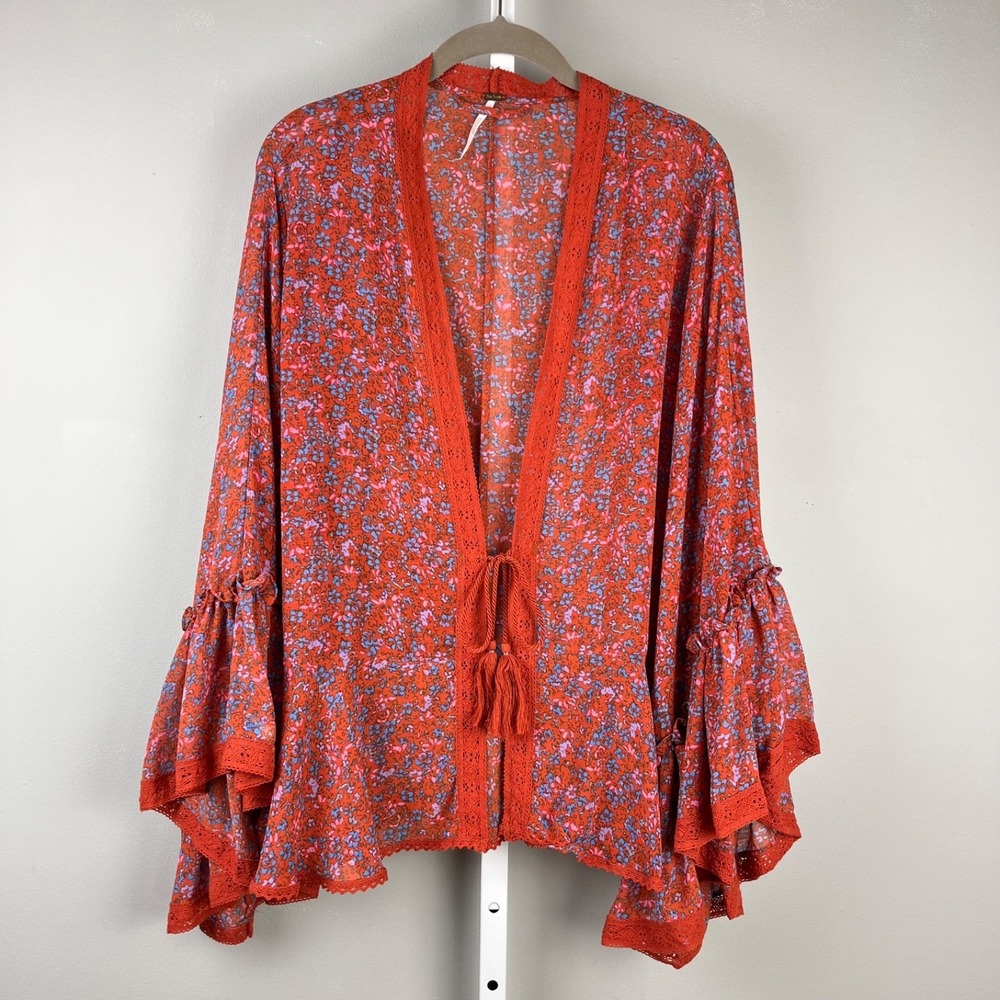 Free People Kimono Wrap Cardigan Top Womens M Dark Orange Floral Boho Festival